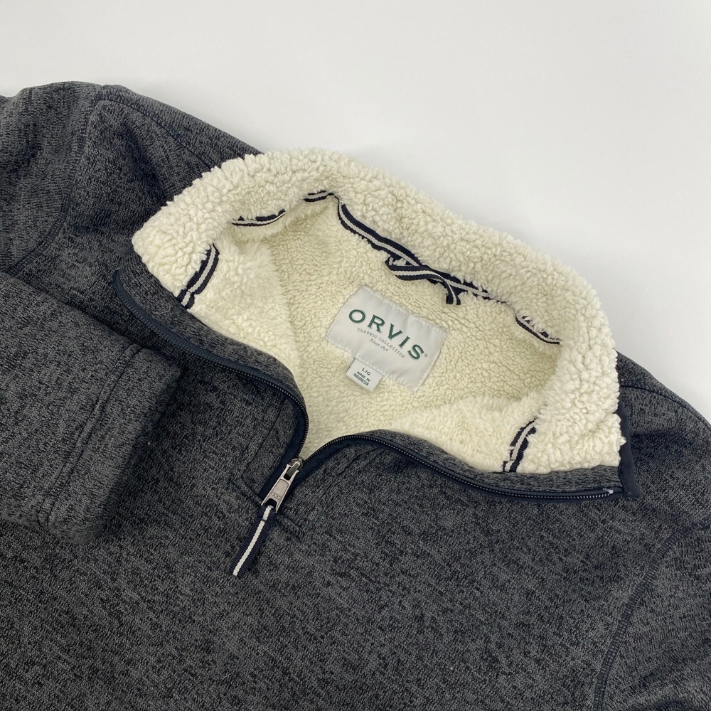 Orvis Quarter 1/4 Zip Pullover Mens L Gray Sherpa Lined Sweater Fleece Jacket